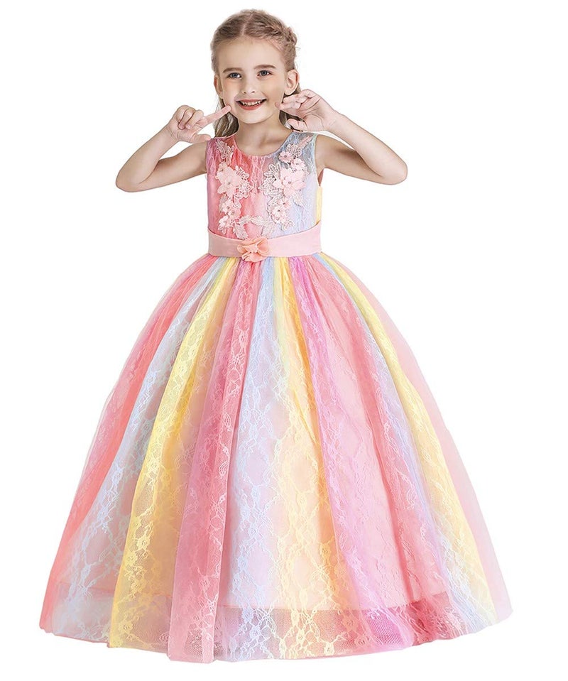 HIHCBF Girl's Pageant Birthday Party Princess Dress Vintage Floral Embroidery Lace Tulle Maxi Wedding Evening Dance Prom Multicoloured 15-16T - Image 1